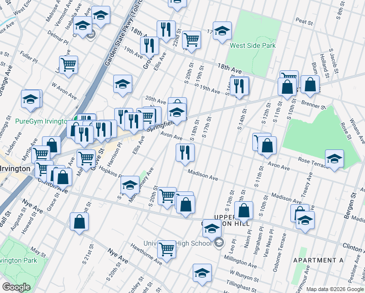 map of restaurants, bars, coffee shops, grocery stores, and more near 812 South 19th Street in Newark