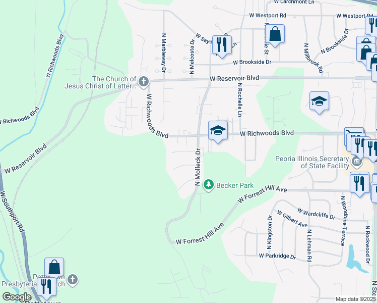 map of restaurants, bars, coffee shops, grocery stores, and more near 3224 North Molleck Drive in Peoria