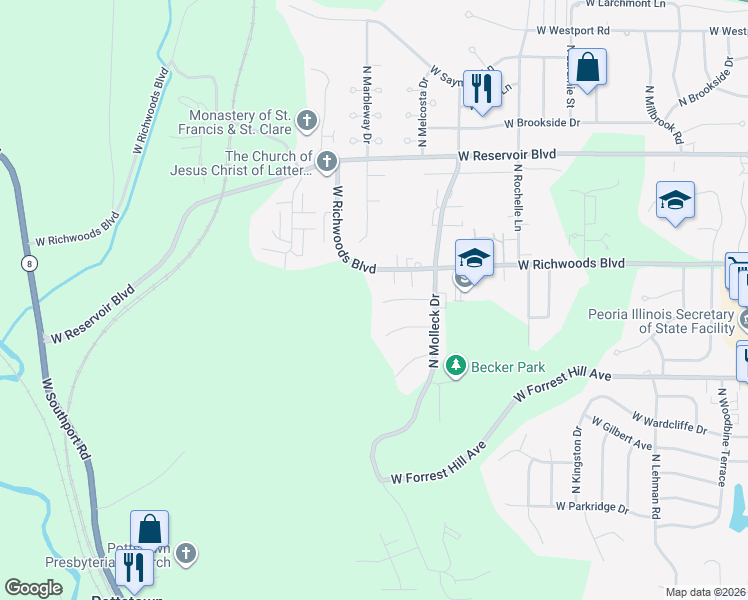 map of restaurants, bars, coffee shops, grocery stores, and more near 3442 West Villa Ridge in Peoria