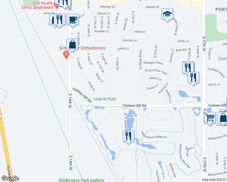 map of restaurants, bars, coffee shops, grocery stores, and more near 8450 Cody Drive in Lincoln