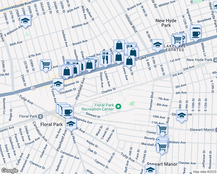 map of restaurants, bars, coffee shops, grocery stores, and more near 32 Linden Avenue in Floral Park