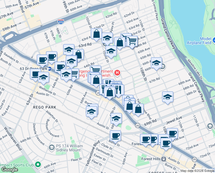 map of restaurants, bars, coffee shops, grocery stores, and more near 9952 66th Road in Queens