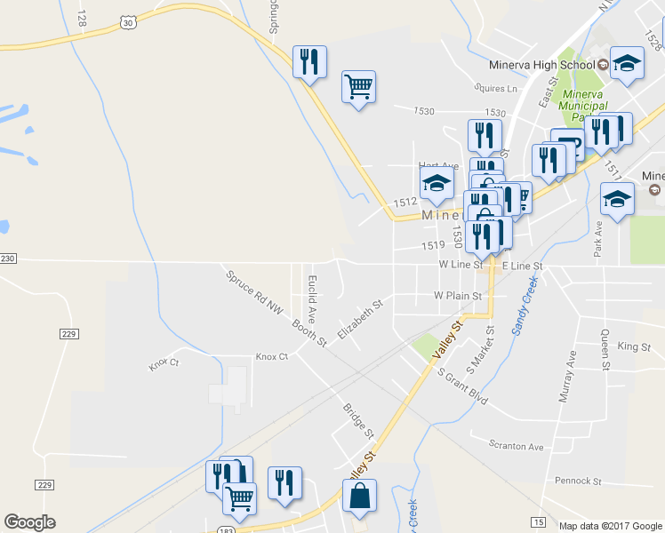 map of restaurants, bars, coffee shops, grocery stores, and more near 106 South Hilltop Drive in Minerva