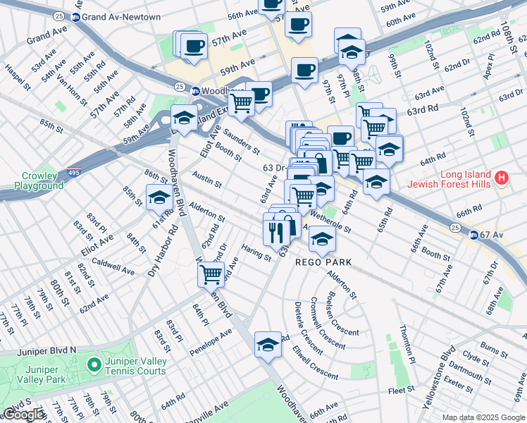 map of restaurants, bars, coffee shops, grocery stores, and more near 63-6 Austin Street in Queens