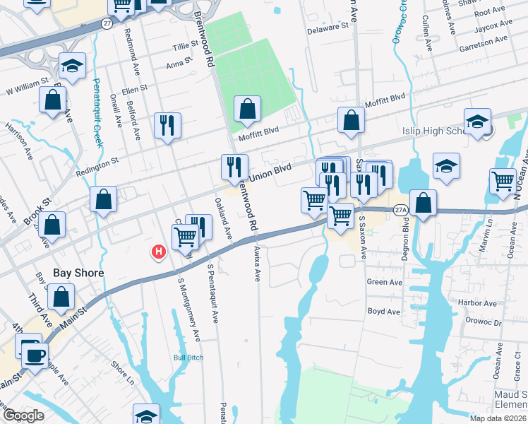 map of restaurants, bars, coffee shops, grocery stores, and more near 405 East Main Street in Bay Shore