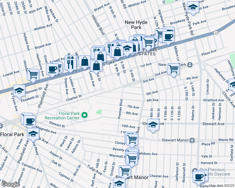 map of restaurants, bars, coffee shops, grocery stores, and more near 516 5th Ave in New Hyde Park