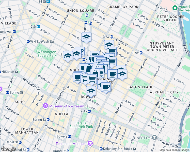map of restaurants, bars, coffee shops, grocery stores, and more near 225 East 6th Street in New York