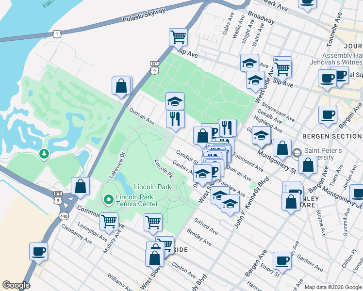 map of restaurants, bars, coffee shops, grocery stores, and more near 251 Duncan Avenue in Jersey City