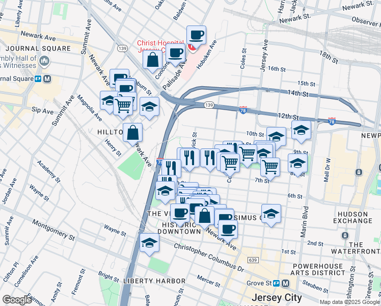 map of restaurants, bars, coffee shops, grocery stores, and more near 231 Brunswick Street in Jersey City