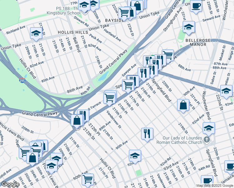 map of restaurants, bars, coffee shops, grocery stores, and more near 87-54 216th Street in Queens
