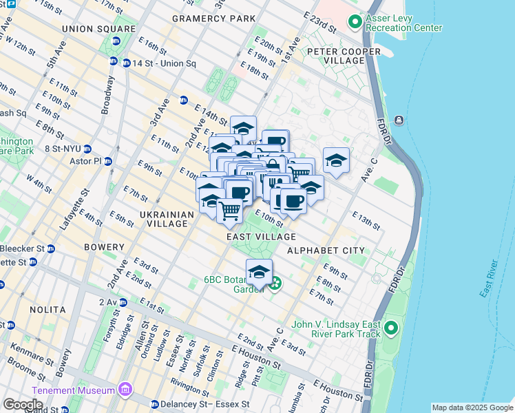map of restaurants, bars, coffee shops, grocery stores, and more near 502 East 11th Street in New York