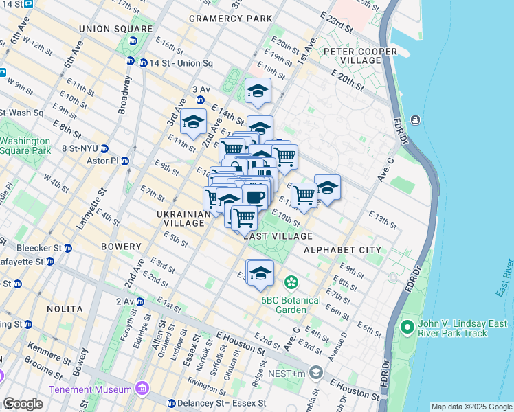 map of restaurants, bars, coffee shops, grocery stores, and more near 286 East 10th Street in New York
