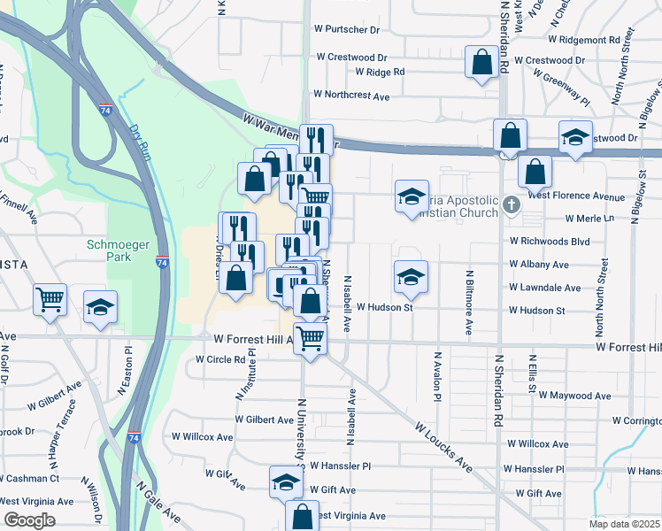 map of restaurants, bars, coffee shops, grocery stores, and more near 3308 North Sherwood Avenue in Peoria
