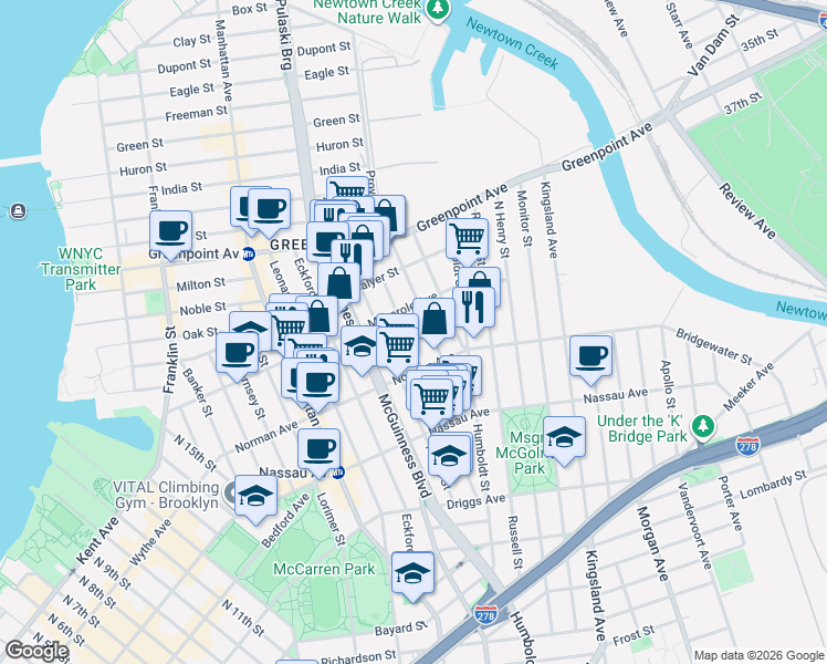 map of restaurants, bars, coffee shops, grocery stores, and more near 167 Diamond Street in Brooklyn