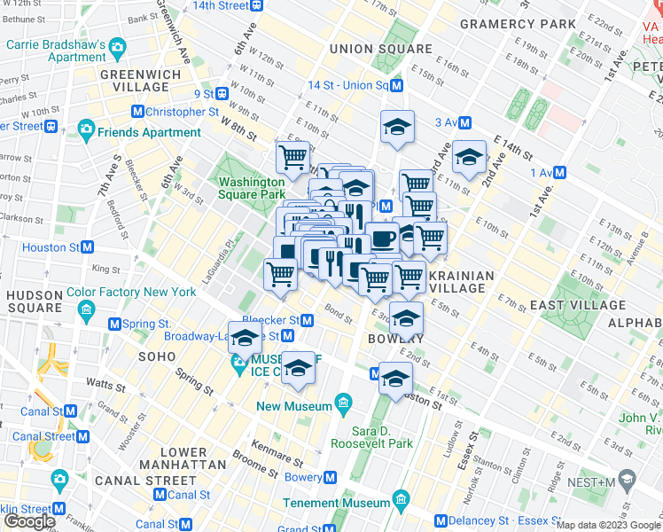 map of restaurants, bars, coffee shops, grocery stores, and more near 700 Broadway in New York