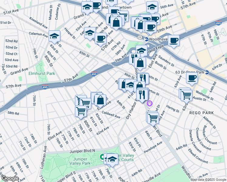 map of restaurants, bars, coffee shops, grocery stores, and more near 84-13 60th Drive in Queens
