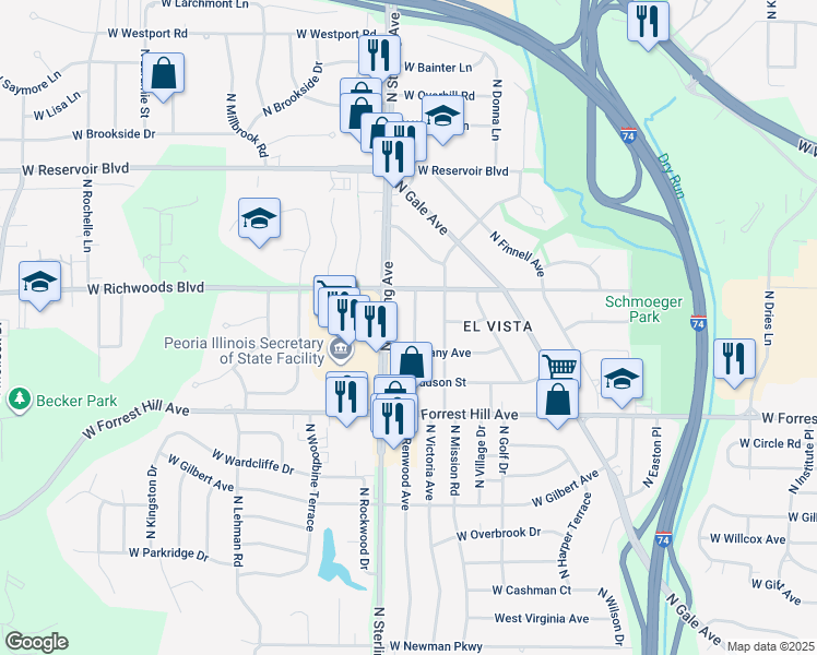 map of restaurants, bars, coffee shops, grocery stores, and more near 3319 North Stanley Street in Peoria