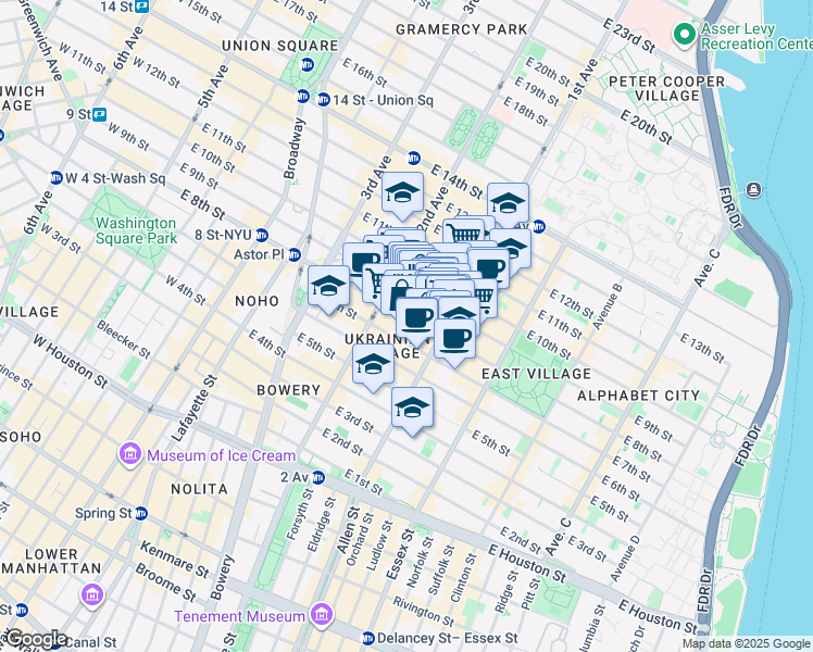 map of restaurants, bars, coffee shops, grocery stores, and more near 69 Saint Marks Place in New York