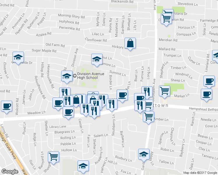 map of restaurants, bars, coffee shops, grocery stores, and more near 32 Border Lane in Levittown
