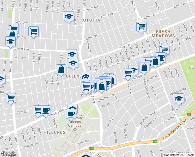 map of restaurants, bars, coffee shops, grocery stores, and more near 75-32 178th Street in Queens