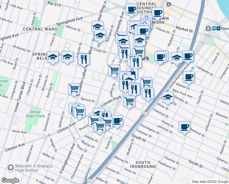 map of restaurants, bars, coffee shops, grocery stores, and more near 420-424 Halsey Street in Newark