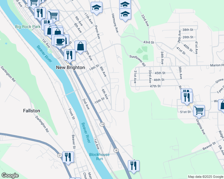 map of restaurants, bars, coffee shops, grocery stores, and more near 1533 Penn Avenue in New Brighton