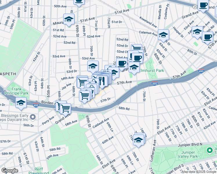map of restaurants, bars, coffee shops, grocery stores, and more near 71-20 Grand Avenue in Queens