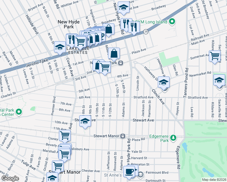 map of restaurants, bars, coffee shops, grocery stores, and more near 516 South 12th Street in New Hyde Park