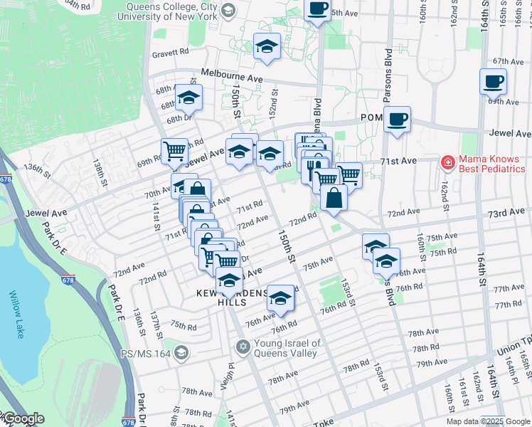 map of restaurants, bars, coffee shops, grocery stores, and more near 14753 72nd Avenue in Queens