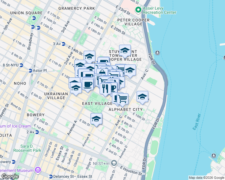 map of restaurants, bars, coffee shops, grocery stores, and more near 188 Avenue B in New York