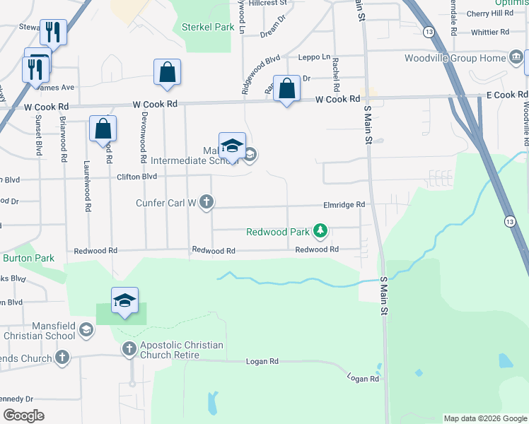map of restaurants, bars, coffee shops, grocery stores, and more near 129 Elmridge Road in Mansfield