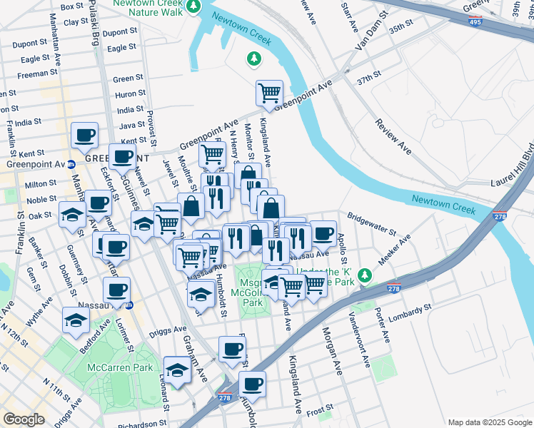 map of restaurants, bars, coffee shops, grocery stores, and more near 263 Norman Avenue in Brooklyn