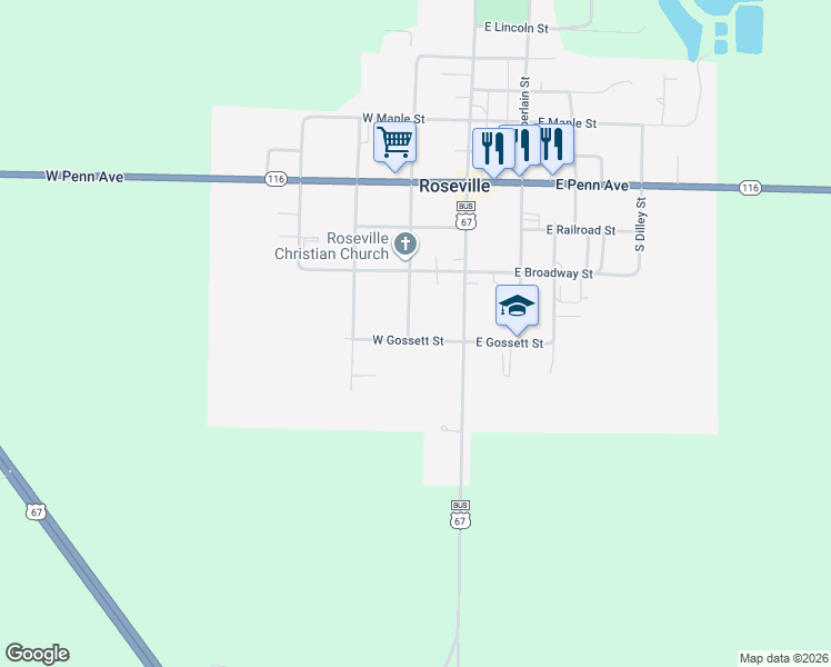 map of restaurants, bars, coffee shops, grocery stores, and more near 121-199 West Gossett Street in Roseville