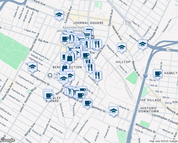 map of restaurants, bars, coffee shops, grocery stores, and more near 32 Rock Street in Jersey City