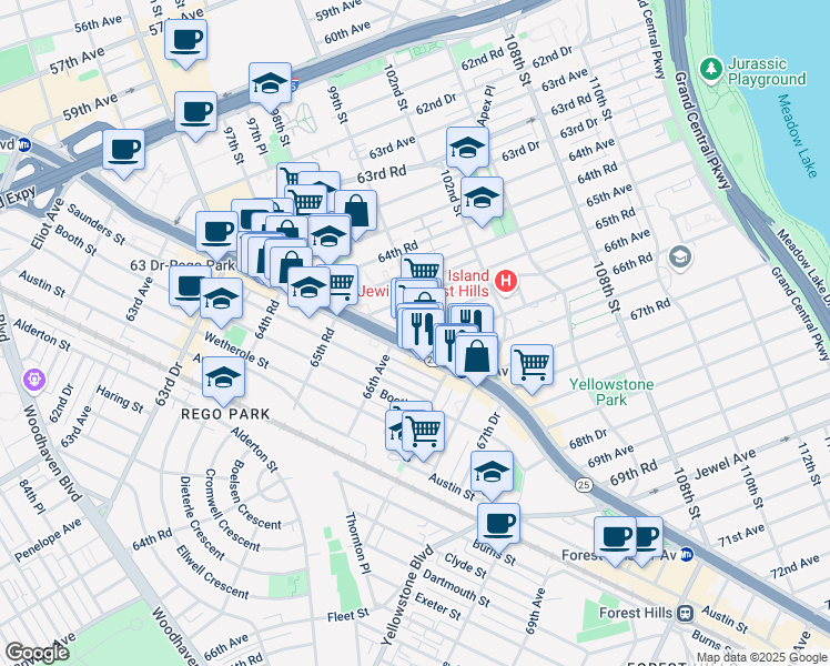 map of restaurants, bars, coffee shops, grocery stores, and more near 95 Queens Boulevard in Queens