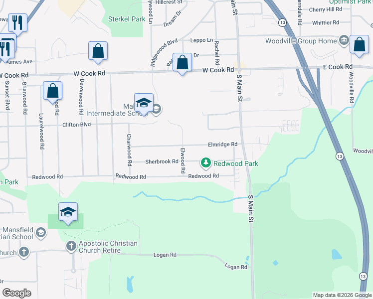 map of restaurants, bars, coffee shops, grocery stores, and more near 107 Elmridge Road in Mansfield