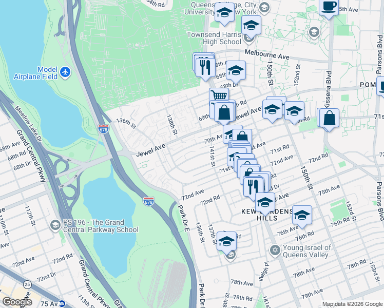 map of restaurants, bars, coffee shops, grocery stores, and more near 137-28 70th Avenue in Queens