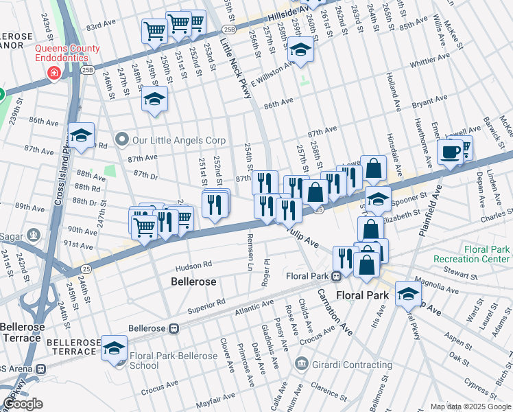 map of restaurants, bars, coffee shops, grocery stores, and more near 253-48 87th Drive in Queens