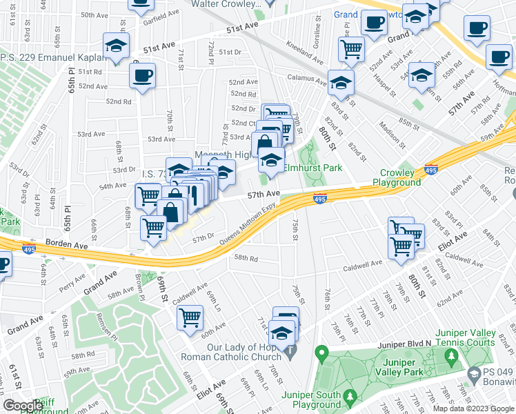 map of restaurants, bars, coffee shops, grocery stores, and more near 57-18 73rd Place in Queens