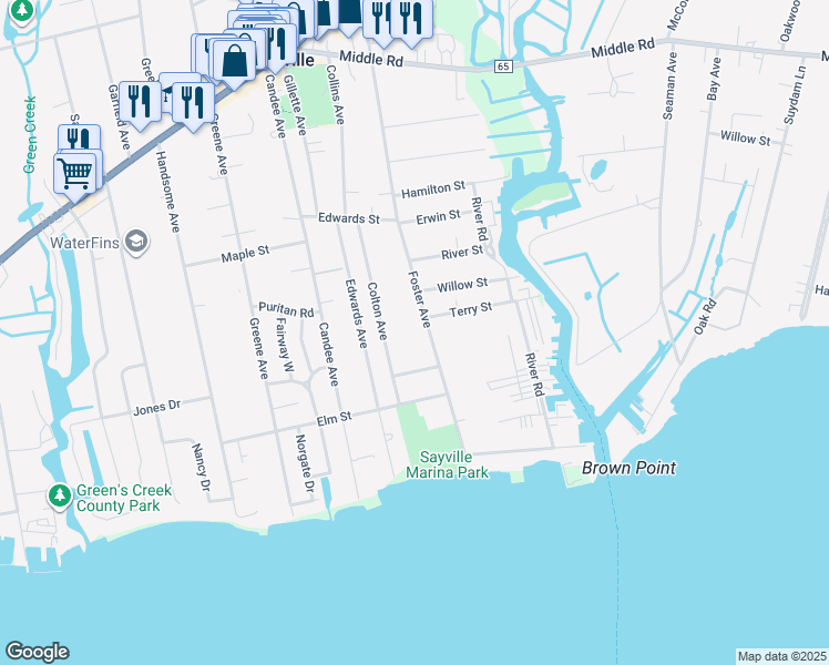 map of restaurants, bars, coffee shops, grocery stores, and more near 286 Foster Ave in Sayville