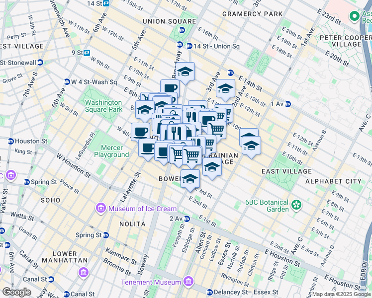 map of restaurants, bars, coffee shops, grocery stores, and more near 31 Cooper Square in New York