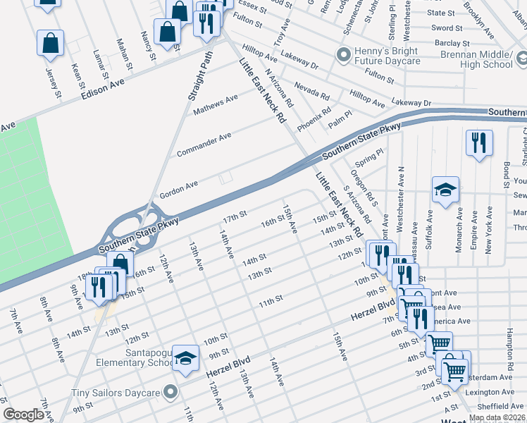 map of restaurants, bars, coffee shops, grocery stores, and more near 96 17th Street in West Babylon