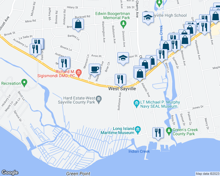 map of restaurants, bars, coffee shops, grocery stores, and more near 213 Montauk Highway in Sayville