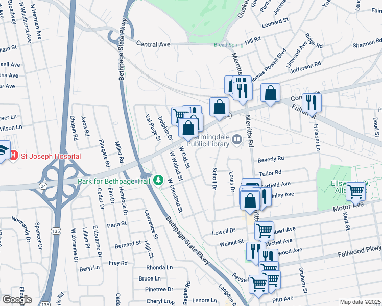 map of restaurants, bars, coffee shops, grocery stores, and more near 43 Colonial Drive in Farmingdale