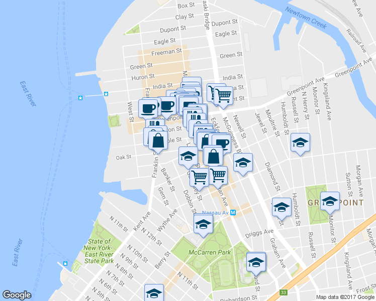 map of restaurants, bars, coffee shops, grocery stores, and more near 1095 Lorimer Street in Brooklyn