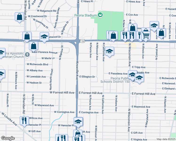 map of restaurants, bars, coffee shops, grocery stores, and more near 3317 North Peoria Avenue in Peoria