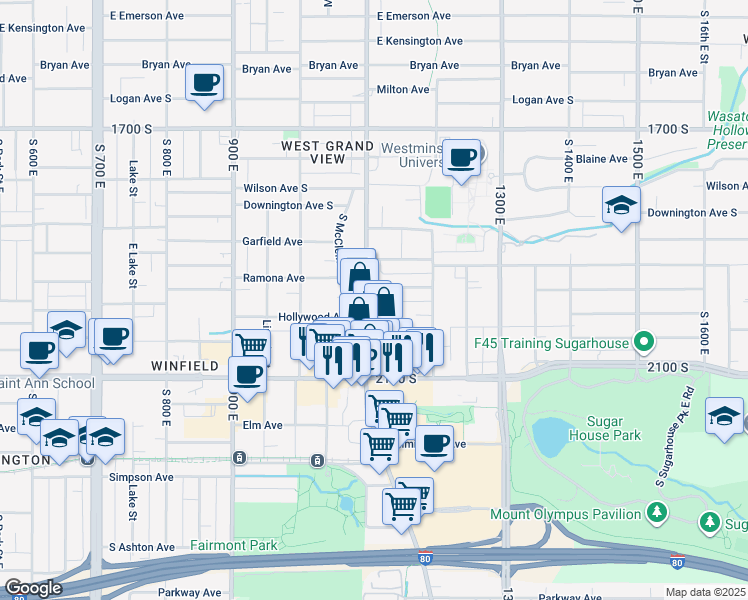 map of restaurants, bars, coffee shops, grocery stores, and more near 1943 1100 East in Salt Lake City
