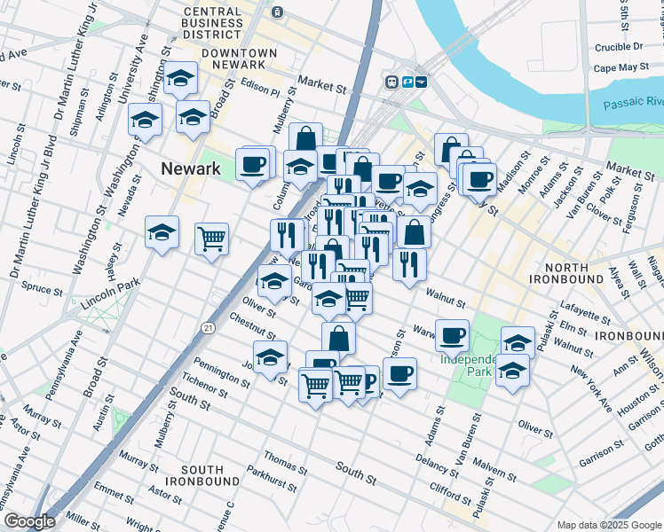 map of restaurants, bars, coffee shops, grocery stores, and more near 144 McWhorter Street in Newark