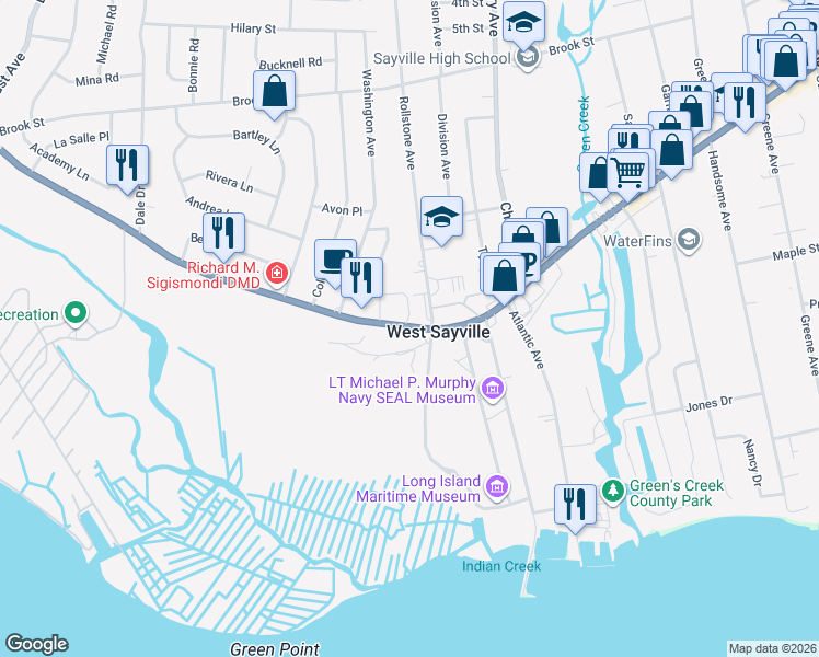 map of restaurants, bars, coffee shops, grocery stores, and more near in West Sayville