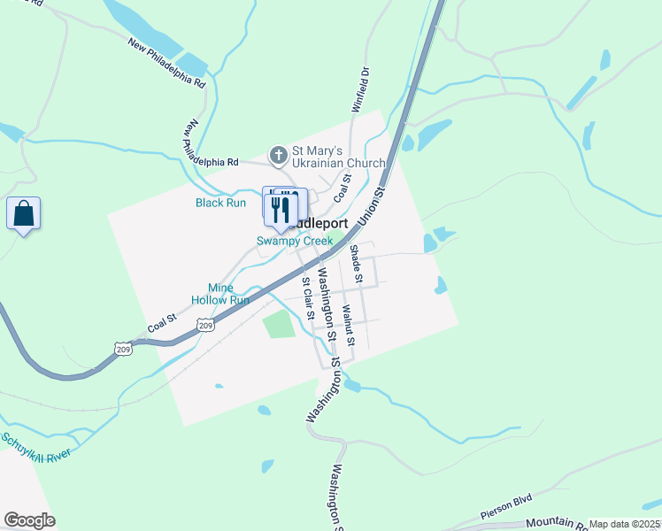 map of restaurants, bars, coffee shops, grocery stores, and more near 36 Washington Street in Middleport